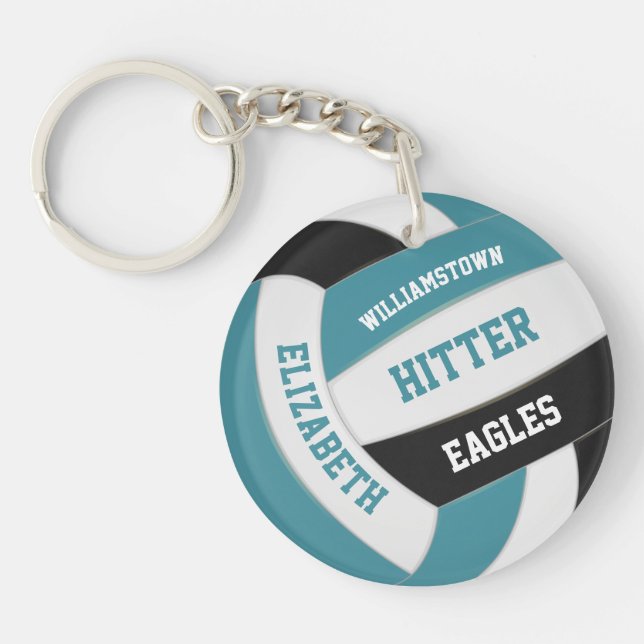 teal black team colours personalised volleyball key ring (Front)