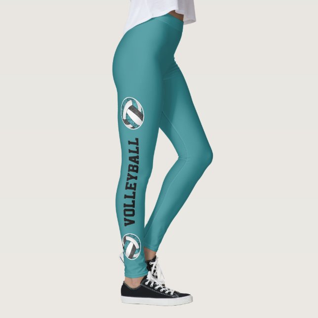 Teal black team colours volleyballs w text up leg leggings (Right)
