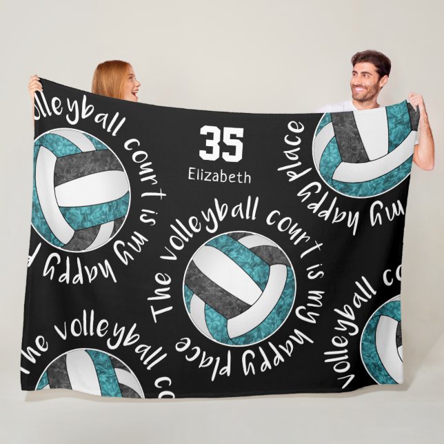 Teal black The volleyball court is my happy place Fleece Blanket (In Situ)