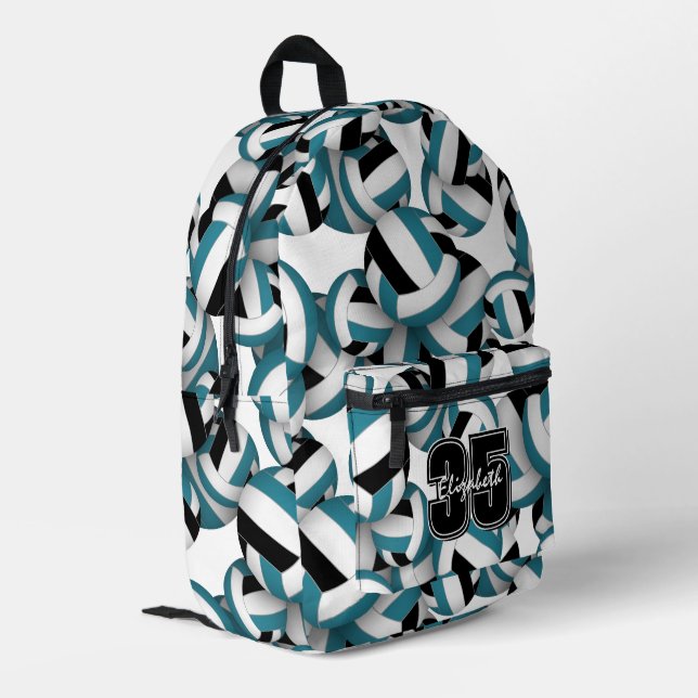 Teal black volleyball team colours w player name  printed backpack (Back Corner Left)