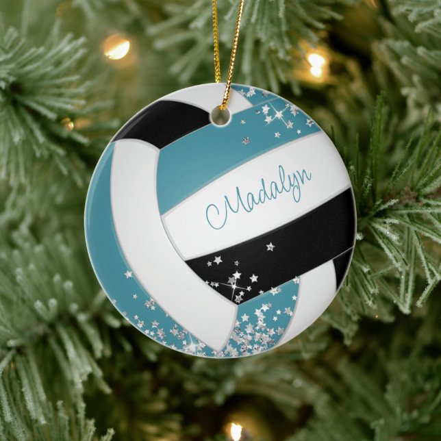 Teal black volleyball w silver stars girls sports  ceramic ornament (Tree)