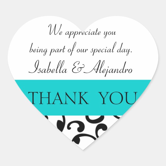 Teal, Black Wedding Favour Thank You Message Heart Sticker (Front)