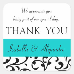 Teal, Black Wedding Favour Thank You Message Square Sticker