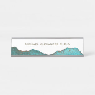 Teal Black White Abstract Custom Named Desk Name Plate