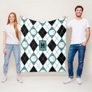 teal black white basketball themed argyle fleece blanket