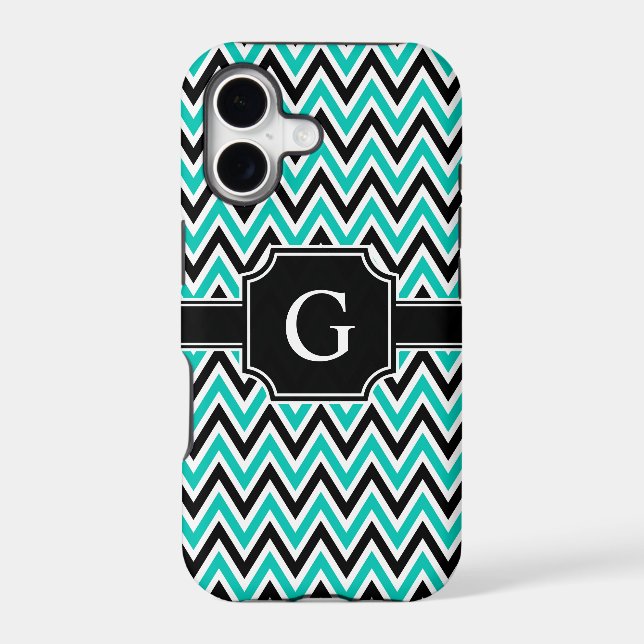 Teal Black White Chevron Pattern and Monogram (Back)