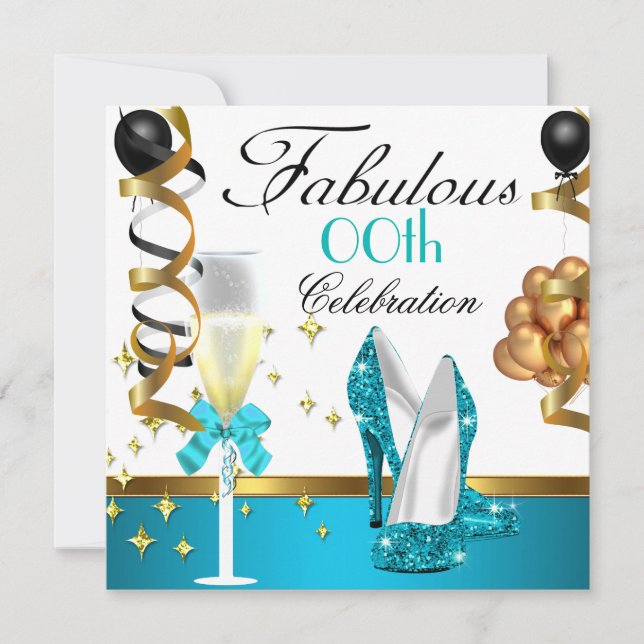 Teal Black White Gold Fabulous Birthday Party Invitation (Front)