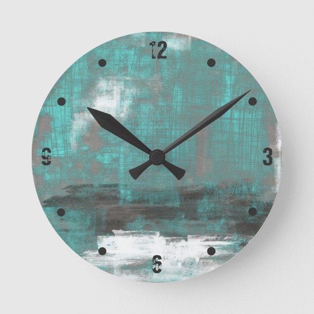 Teal Black White Grey abstract Round Clock (Front)