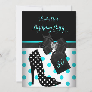 Teal Black White Heart Polka Dots Heels Birthday Invitation