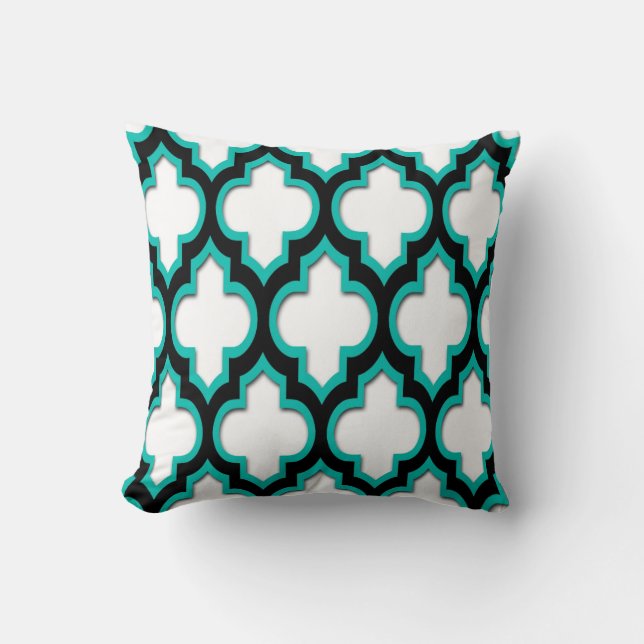 Teal Black White Moroccan Quatrefoil Pattern #4DS Cushion (Front)