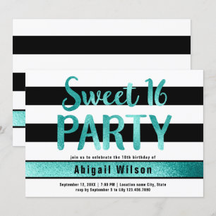 Teal black white sweet sixteen birthday party invitation