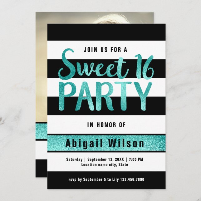 Teal black white sweet sixteen birthday party invitation (Front/Back)
