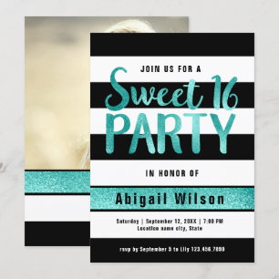 Teal black white sweet sixteen birthday party invitation