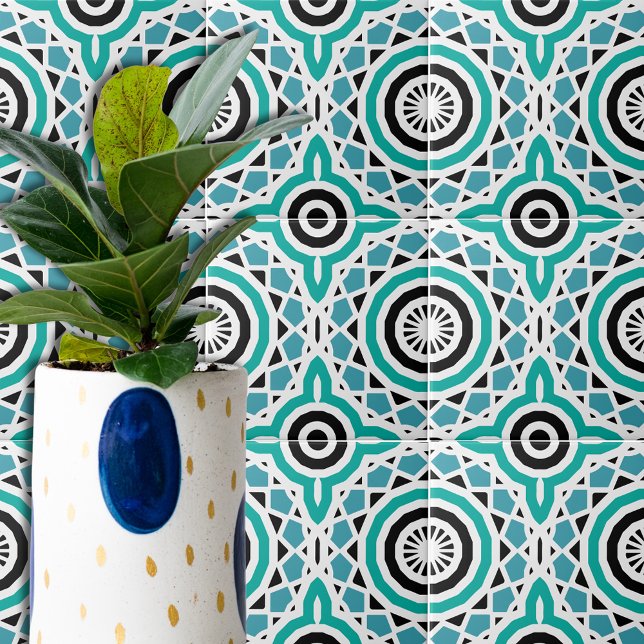 Teal Black & White Tribal Ethnic Geometric Pattern Ceramic Tile (Creator Uploaded)