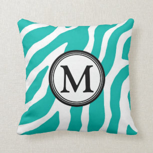 Teal Black Zebra Monogram Decorative Pillow