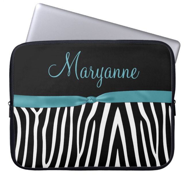 Teal Black Zebra Teal Ribbon Monogram Laptop Sleeve (Front)