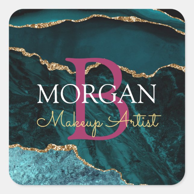 Teal Blk Gold Agate Name Initial Occupation Maroon Square Sticker (Front)
