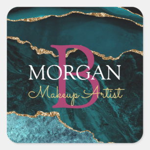 Teal Blk Gold Agate Name Initial Occupation Maroon Square Sticker