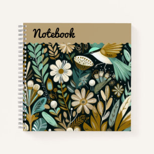 Teal Bloom Notebook – Decorative Folk Birds top 