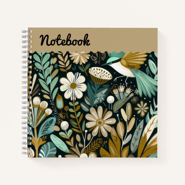 Teal Bloom Notebook – Decorative Folk Birds top  (Front)