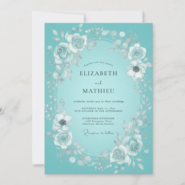 Teal Bloom Wreath Wedding Invitation (Front)
