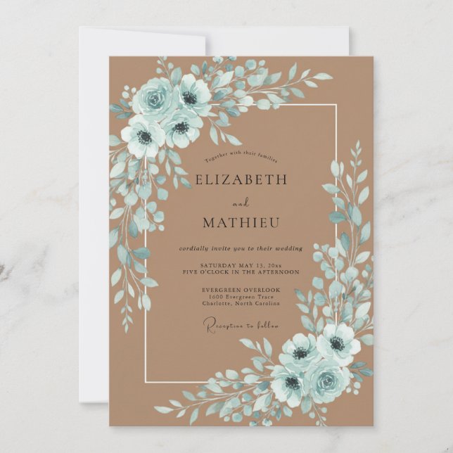 Teal Blooming Romance Wedding Invitation (Front)