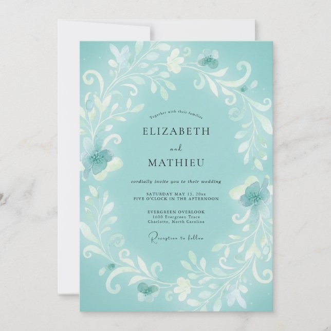 Teal Blossom Arch Flourish Wedding Invitation (Front)