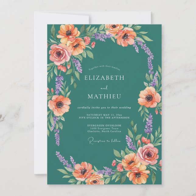 Teal Blossom Arrangement Wedding Invitation (Front)