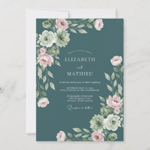 Teal Blossom Lush Arrangement Wedding Invitation