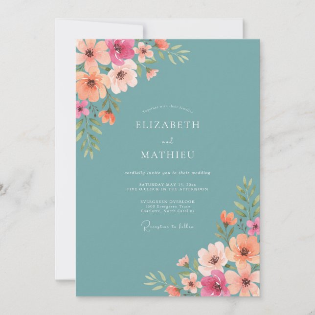 Teal Blossom Painterly Flourish Wedding Invitation (Front)