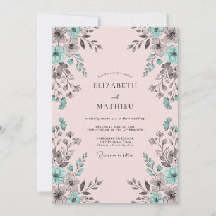 Teal Blossom Romantic Wedding Invitation