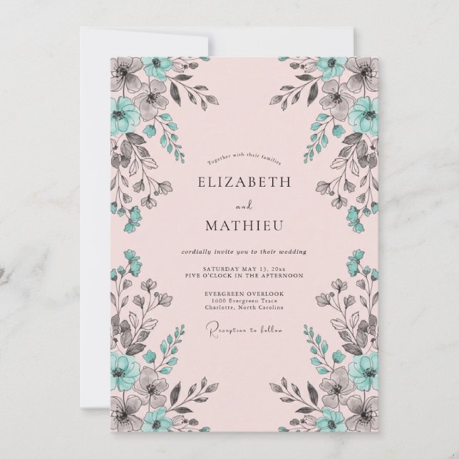 Teal Blossom Romantic Wedding Invitation (Front)