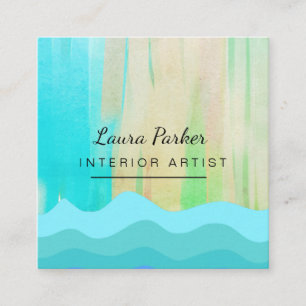 Teal Blue Abstract Modern Paint Watercolor Artist Square Business Card