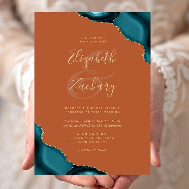 Teal Blue Agate Corners Burnt Orange Wedding Invitation (Creator Uploaded)