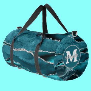 Teal Blue Agate Gemstone Monogram Large Duffel Bag