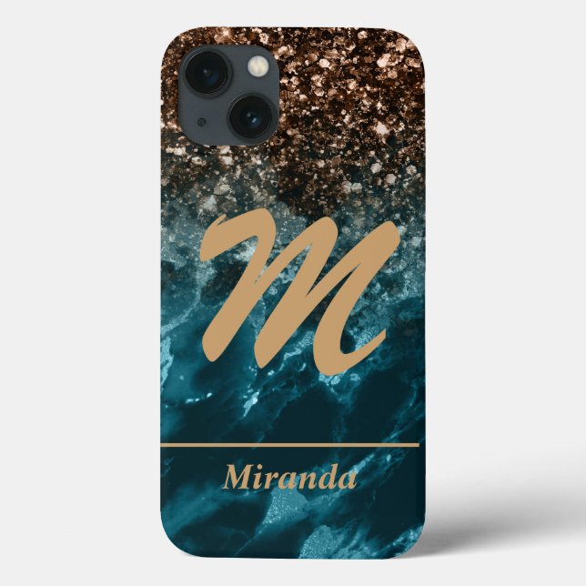 Teal Blue Agate glitter Monogram personalised Case-Mate iPhone Case (Back)