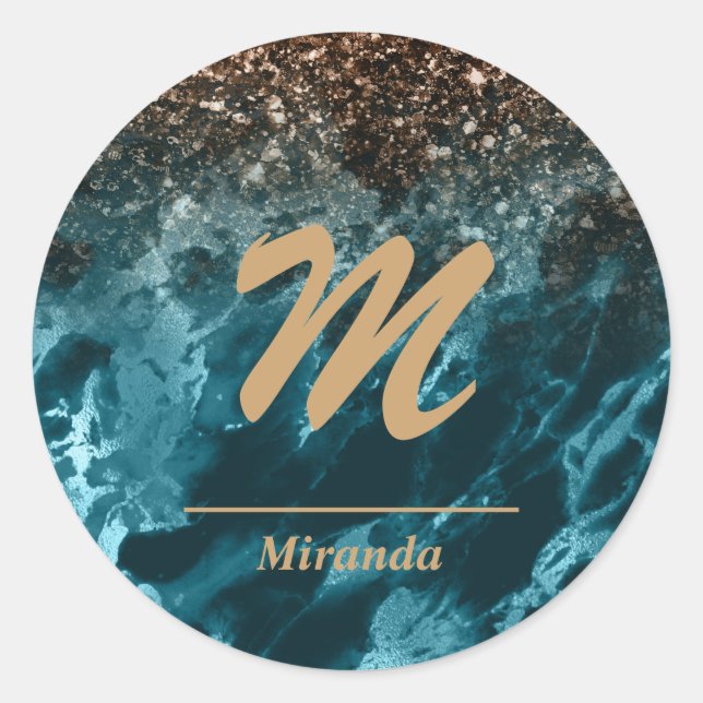 Teal Blue Agate glitter Monogram personalised Classic Round Sticker (Front)
