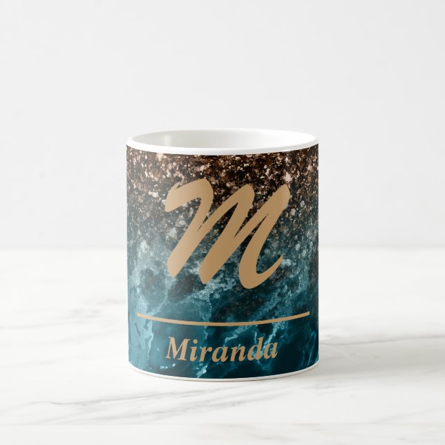 Teal Blue Agate glitter Monogram personalised Coffee Mug (Center)