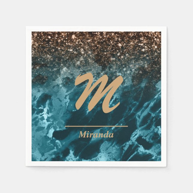 Teal Blue Agate glitter Monogram personalised Napkin (Front)