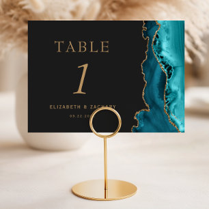 Teal Blue Agate Gold Dark Wedding Table Number