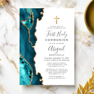  Teal Blue Agate Gold Glitter First Holy Communion Invitation