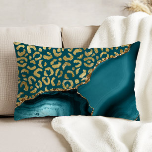Teal Blue Agate Gold Leopard Spots Decorative Cushion