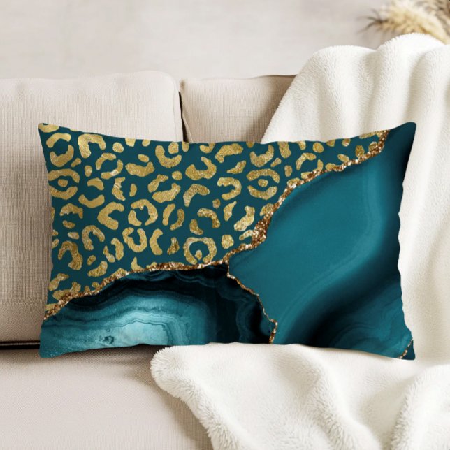 Teal Blue Agate Gold Leopard Spots Decorative Cushion (Creator Uploaded)