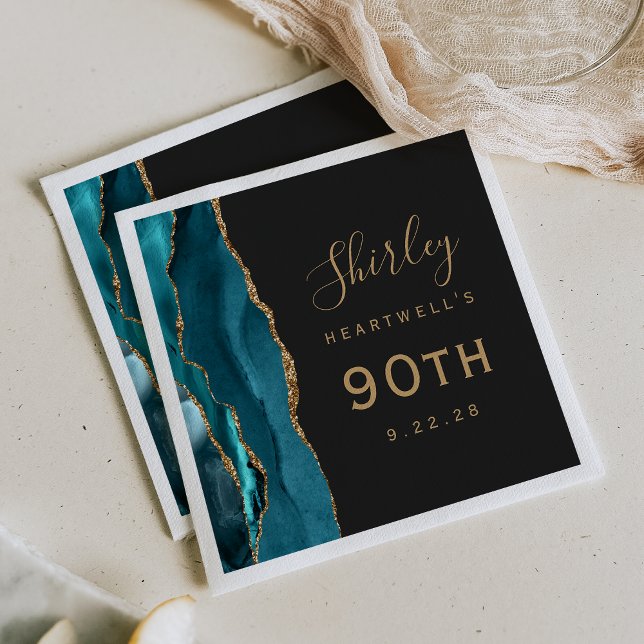 Teal Blue Agate Gold Script Dark 90th Birthday Napkin (Creator Uploaded)