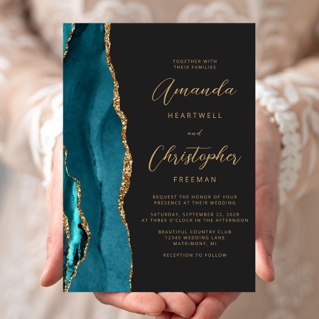 Teal Blue Agate Gold Script Slate Wedding Invitation (Creator Uploaded)