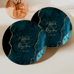 Teal Blue Agate Gold Script Wedding Paper Plate<br><div class="desc">These elegant modern wedding paper plates feature a teal blue watercolor agate geode background trimmed with faux gold glitter. Personalise them with the names of the couple in gold-coloured handwriting calligraphy over a large ampersand,  and the wedding date in copperplate font.</div>