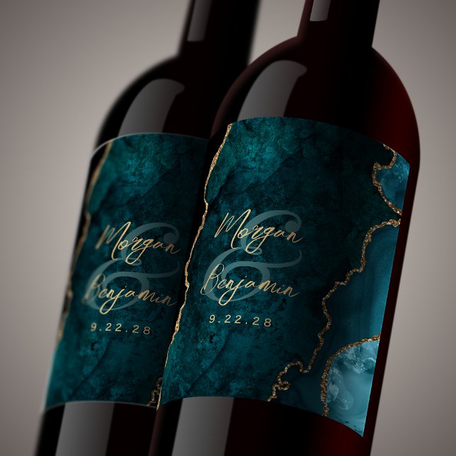 Teal Blue Agate Gold Script Wedding Wine Label (Creator Uploaded)