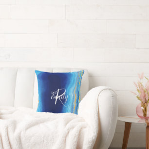  Teal & blue Agate Marble Abstract Name Monogram  Cushion