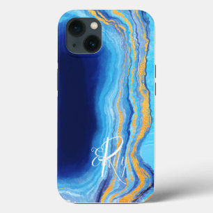 Teal & blue Agate Marble Abstract Name Monogram iPhone 13 Case