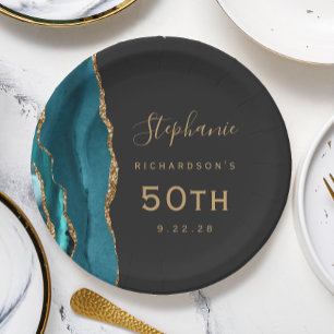 Teal Blue Agate Marble Gold Dark 50th Birthday Paper Plate